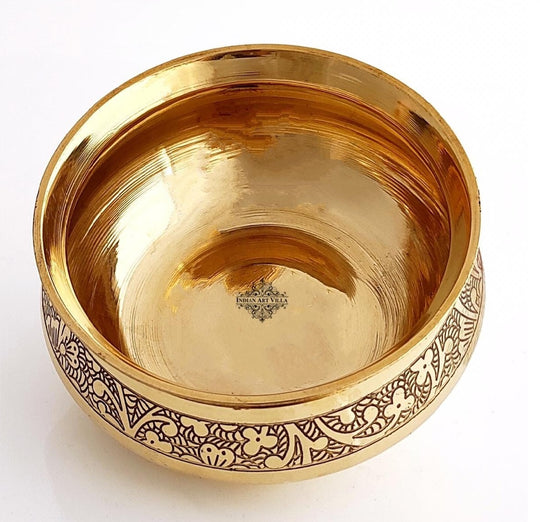 Handcrafted brass handi in polished finish with engraved border design and smooth wide rim ideal for authentic presentation