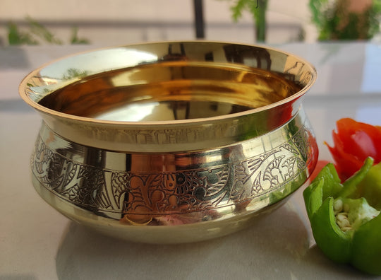 Shiny brass handi with decorative embossed pattern adds elegance to home kitchen decor restaurant serveware or gift sets