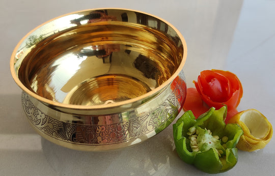 Handcrafted brass handi with intricate embossed detailing perfect for Indian festive decor kitchen and restaurant serveware