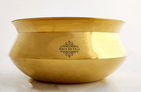 Smooth pure brass handi with plain body round shape wide mouth and polished interior crafted from solid golden brass
