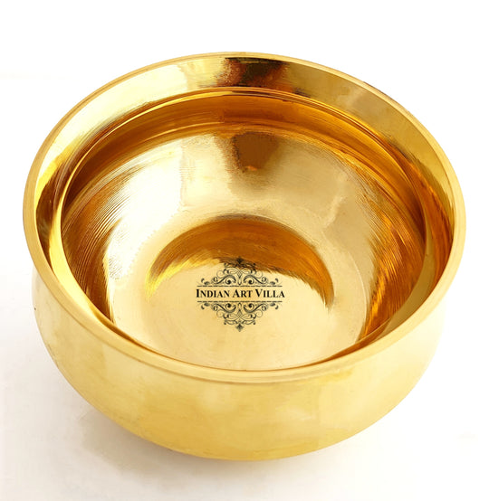 Elegant plain pure brass handi made from polished brass with wide top smooth inner walls and a rounded deep handi shape