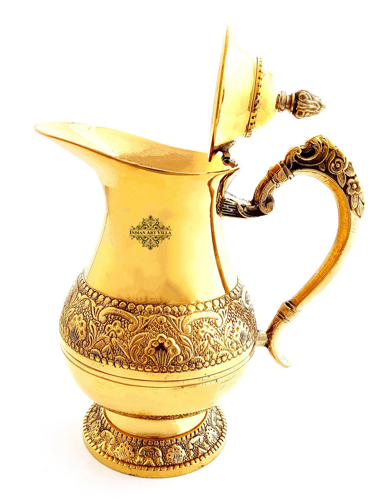 Brass Designer Embossed Mughlai Style Jug, Pitcher with beaded design, Drinkware, Tableware, 1000 ml