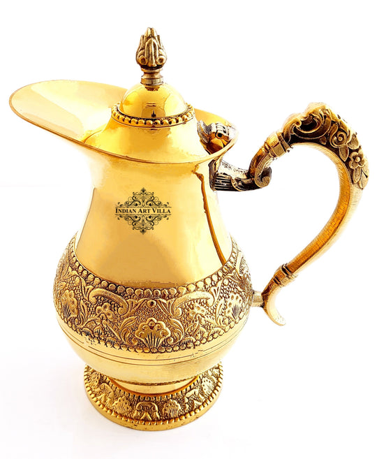 crafted by indian art villa this brass jug features intricate mughlai patterns and antique beaded neck design