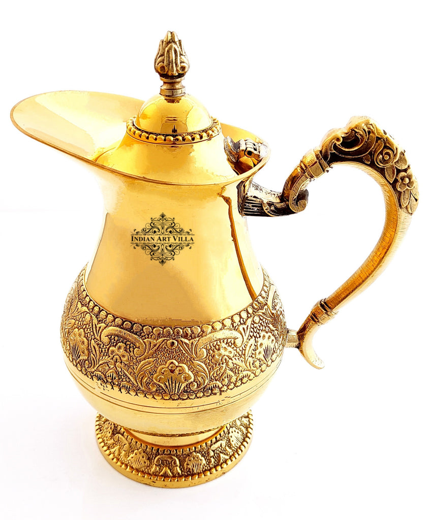 Brass Designer Embossed Mughlai Style Jug, Pitcher with beaded design, Drinkware, Tableware, 1000 ml