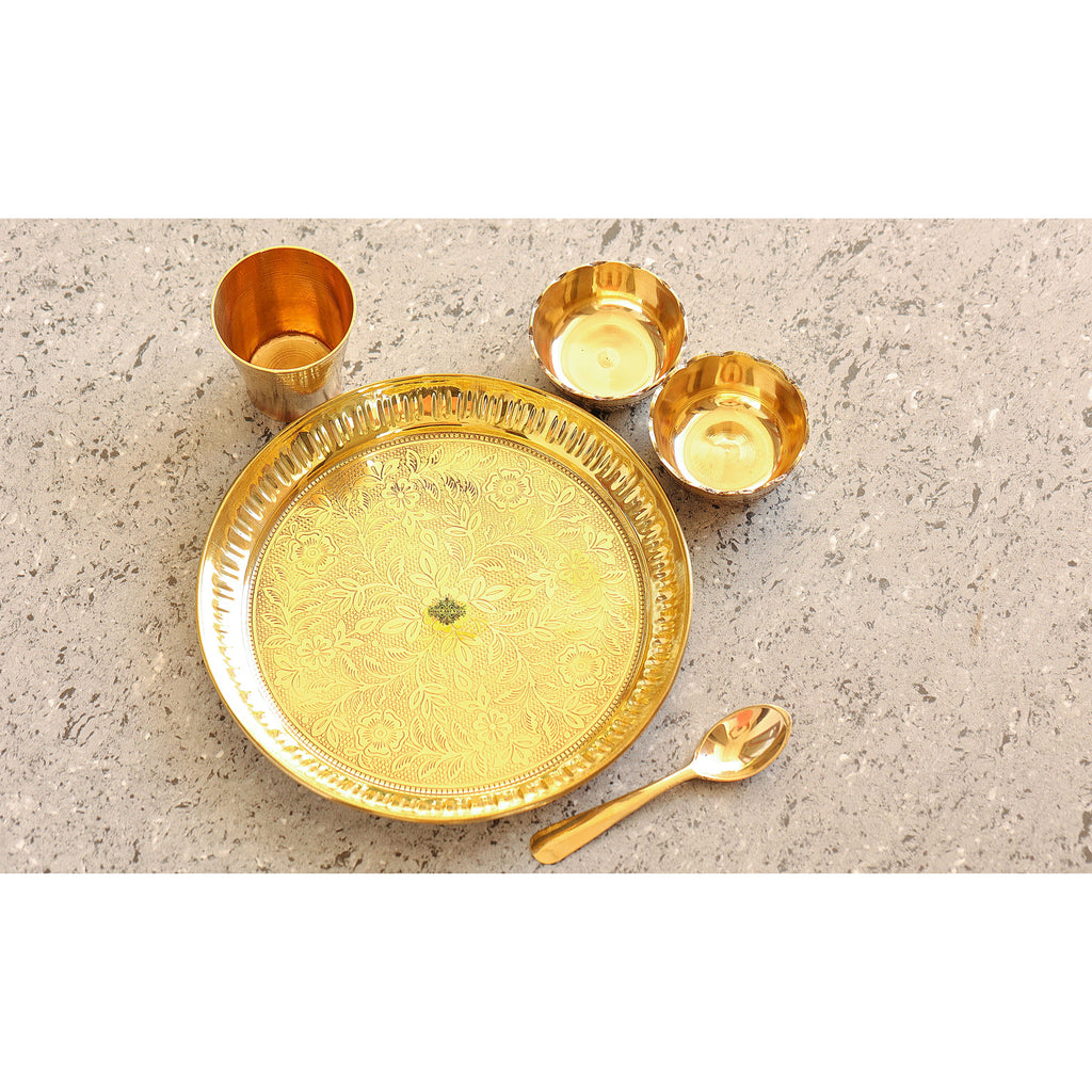 Indian Art Villa Brass 5 Pieces Embossed Design Laddu Gopal Dinner Set of  1 Thali, 2 Katori, 1 Glass & 1 Spoon for Laddu Gopal Bhog