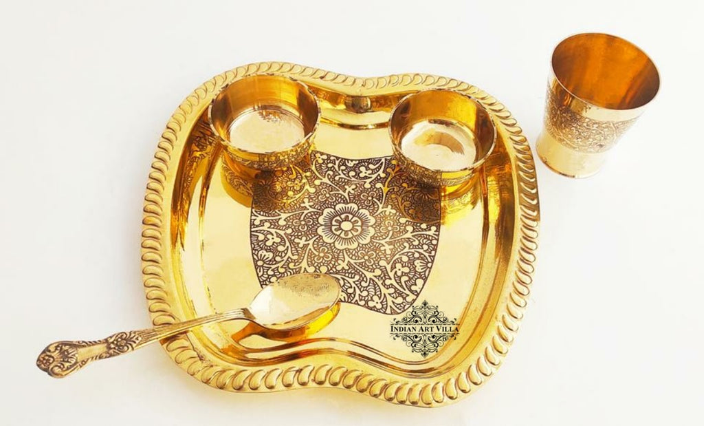 Indian Art Villa Pure Brass 5 Pieces Embossed Design Laddoo Gopal Dinner Set, 1 Thali / Plate, 2 Katori / Bowl, 1 Glass & 1 Spoon | Pooja, | Home décor & Gift item