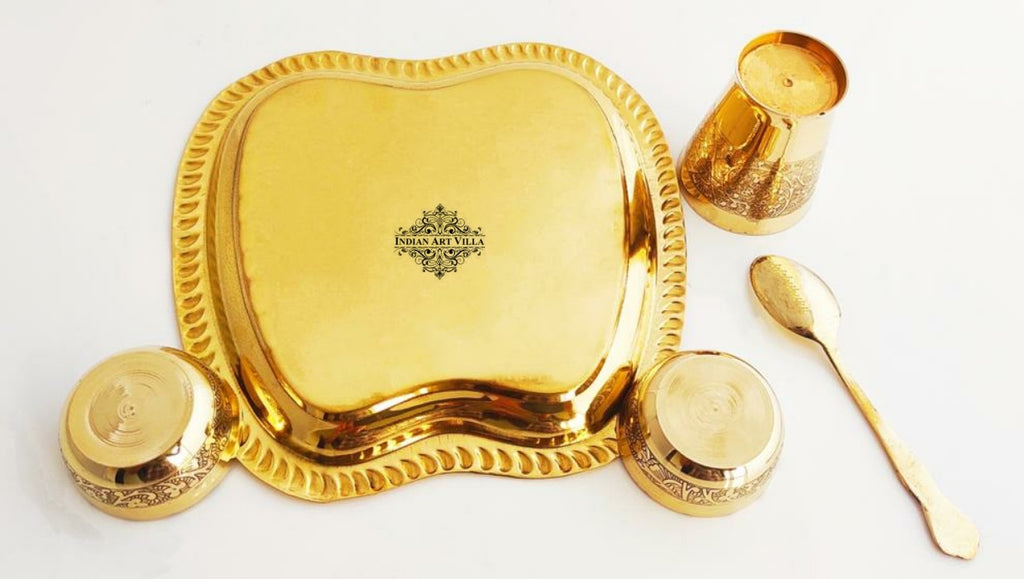 Indian Art Villa Pure Brass 5 Pieces Embossed Design Laddoo Gopal Dinner Set, 1 Thali / Plate, 2 Katori / Bowl, 1 Glass & 1 Spoon | Pooja, | Home décor & Gift item