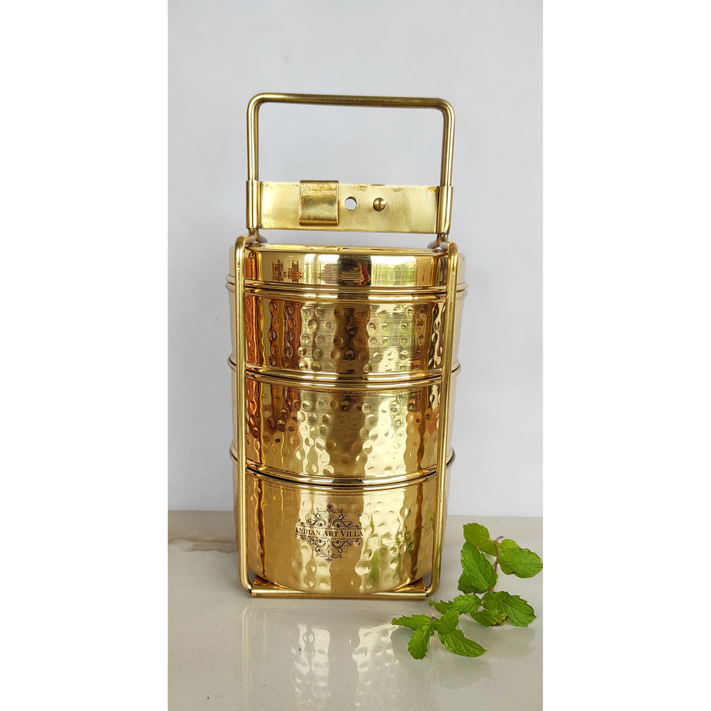 Indian Art Villa Pure Brass With Inside Tin Lining 2 &  3 Containers Lunch/Tiffin Box With Hammered Design, For Office, School & Travelling
