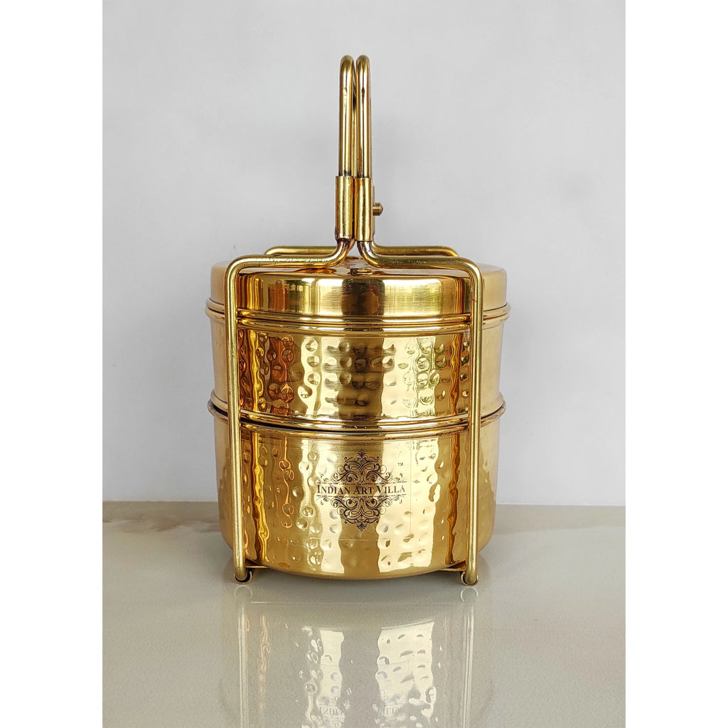 Indian Art Villa Pure Brass With Inside Tin Lining 2 &  3 Containers Lunch/Tiffin Box With Hammered Design, For Office, School & Travelling