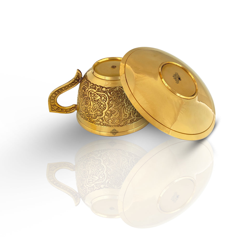 Indian Art Villa Pure Brass Embossed Design Cup & Saucer, Serving Tea Coffee, Tableware, Volume- 150 ML