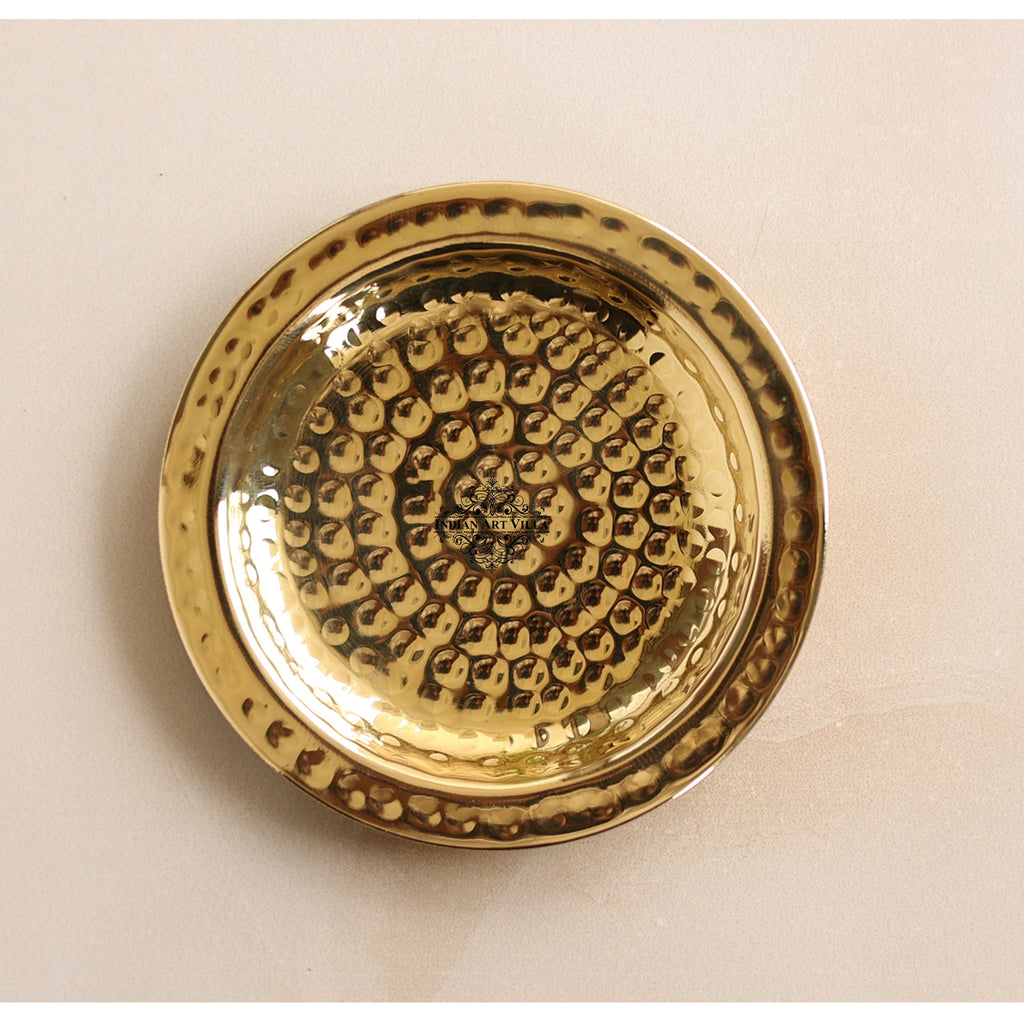 INDIAN ART VILLA Brass Coaster With Hammered Design, Diameter-4.5 Inch, Gold