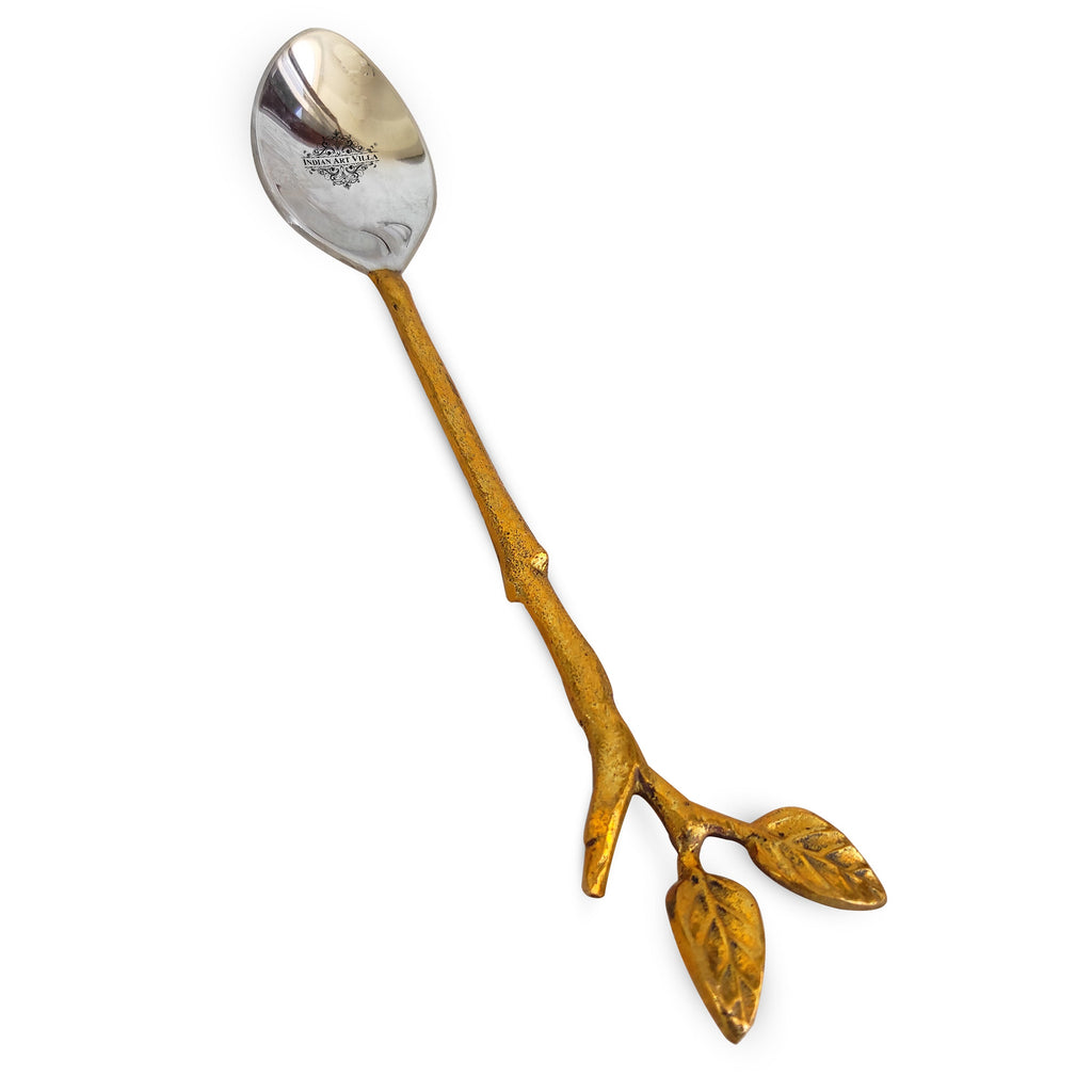 Indian Art Villa Steel Brass Spoon With Antique Leaf Design, Dinnerware, Tableware & Cutlery Item, Length:- 6 Inch