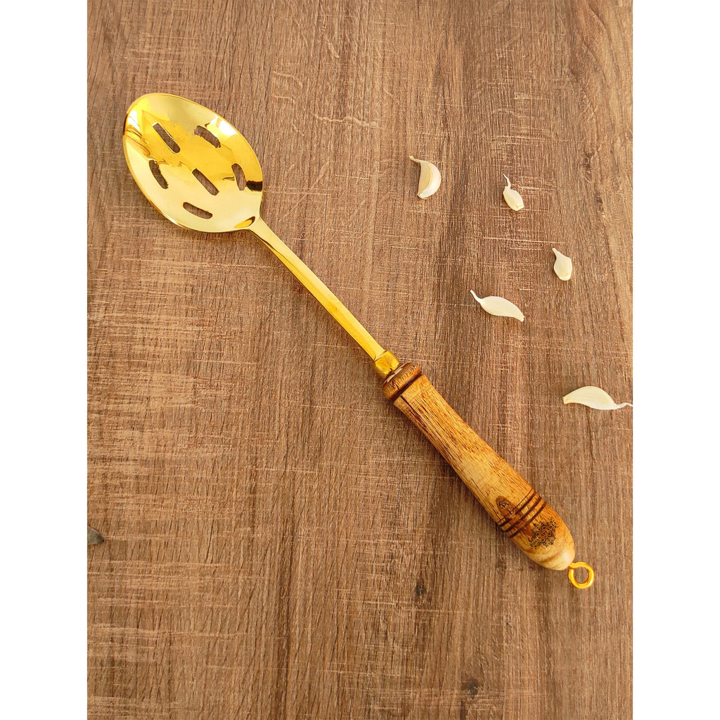 Indian Art Villa Pure Brass Gold Rice Spoon With Wooden Handle - Length - 13.9"