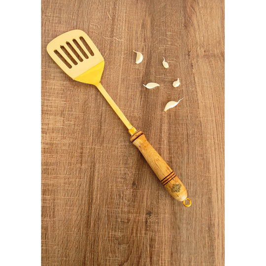 Pure Brass Gold Tavetha / Slotted Turner for Dosa, Roti, Chapati With Wooden Handle - Length - 37.59 cm