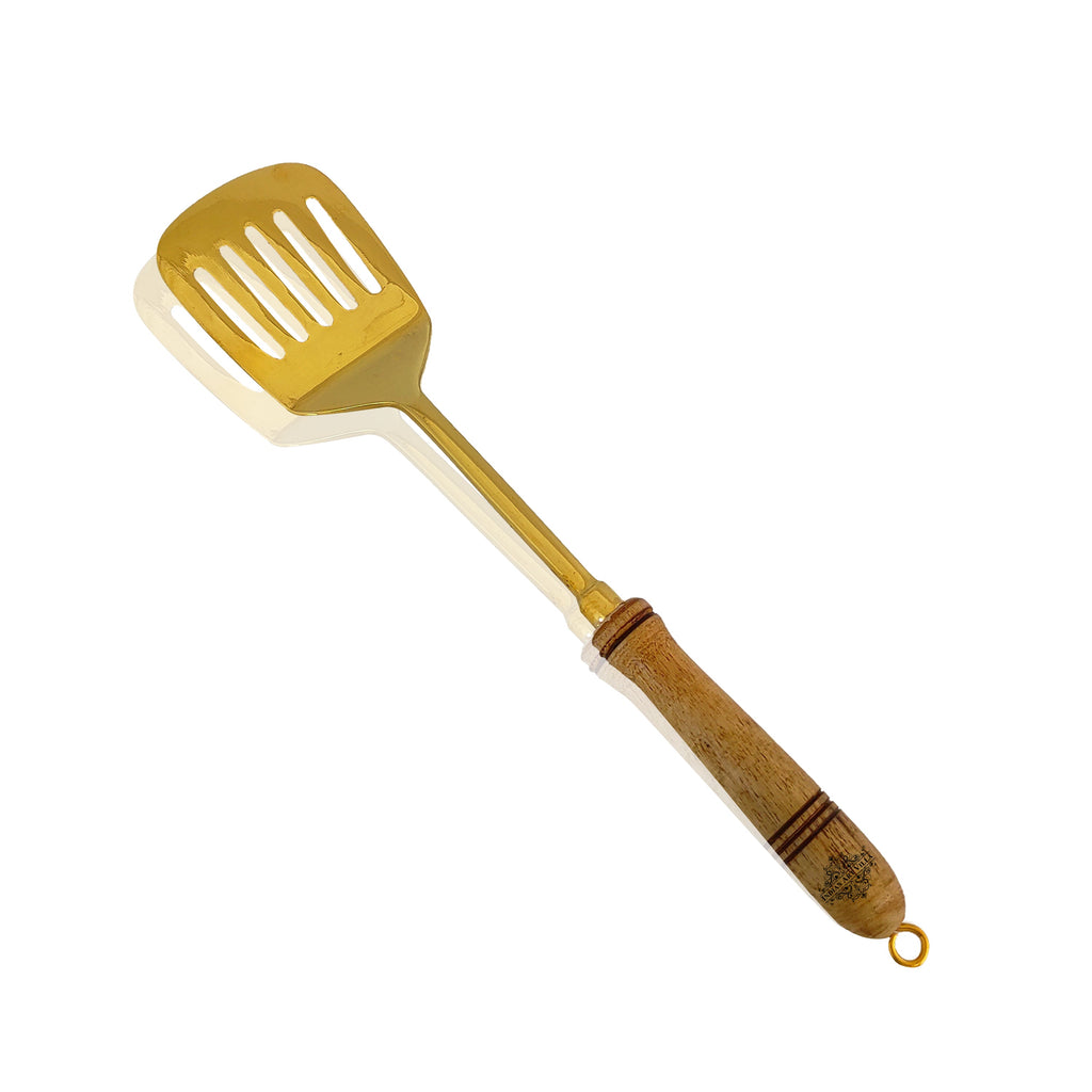 Indian Art Villa Pure Brass Gold Tavetha / Slotted Turner for Dosa, Roti, Chapati With Wooden Handle - Length - 14.8"