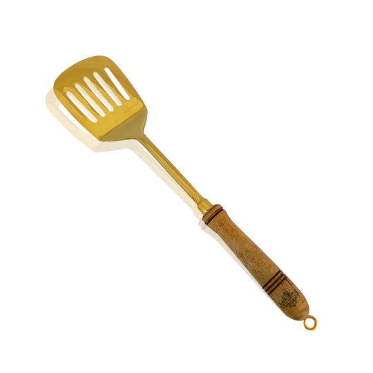 Pure Brass Gold Tavetha / Slotted Turner for Dosa, Roti, Chapati With Wooden Handle - Length - 37.59 cm