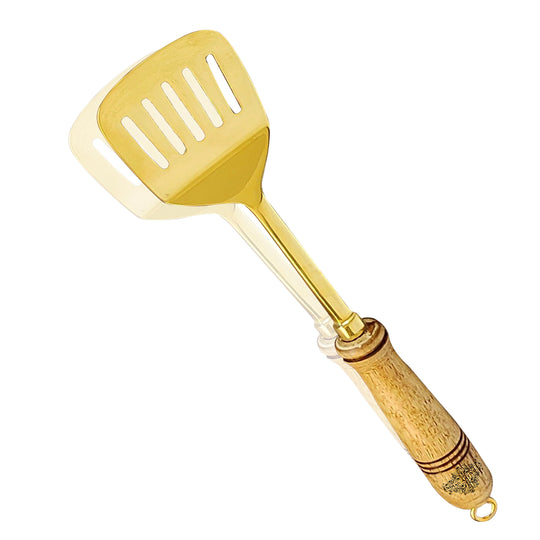 Pure Brass Gold Tavetha / Slotted Turner for Dosa, Roti, Chapati With Wooden Handle - Length - 37.59 cm