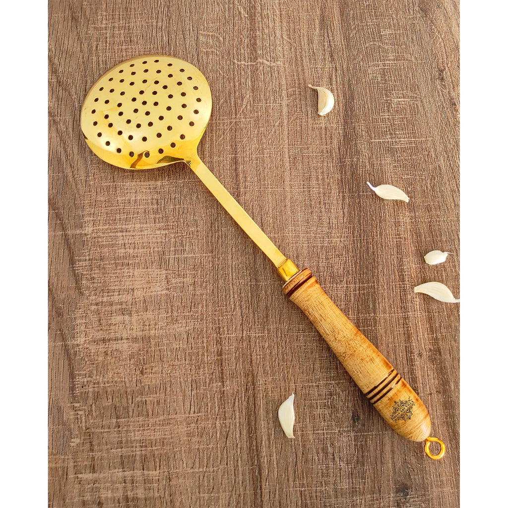 Indian Art Villa Pure Brass Gold Jhara / Skimmer / Frying Spoon With Wooden Handle - Length - 14"