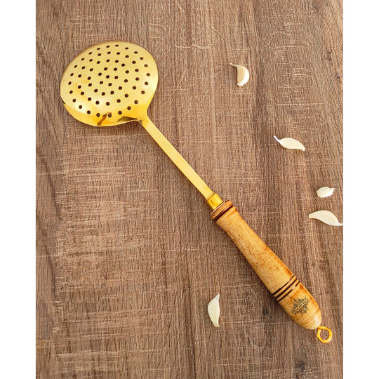 Pure Brass Gold Jhara / Skimmer / Frying Spoon With Wooden Handle - Length - 35.56 cm