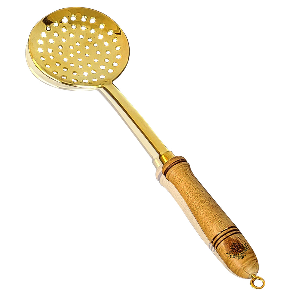 Indian Art Villa Pure Brass Gold Jhara / Skimmer / Frying Spoon With Wooden Handle - Length - 14"