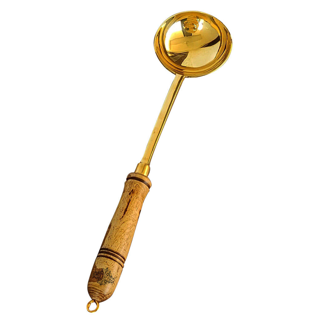Indian Art Villa Pure Brass Gold Ladle With Wooden Handle - Length - 13.8"