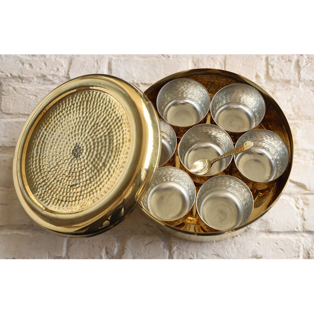 Indian Art Villa Brass Hammered Masala Box Dabba Spice Container With 7 Compartments, Diameter 8.2 Inch, Gold