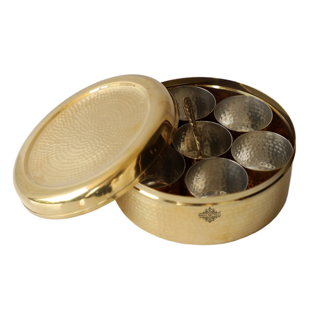 Indian Art Villa Brass Hammered Masala Box Dabba Spice Container With 7 Compartments, Diameter 8.2 Inch, Gold