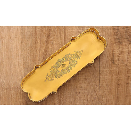 Indian Art Villa brass platter in vintage rectangular form with pierced edge pattern and four ornate sculpted legs
