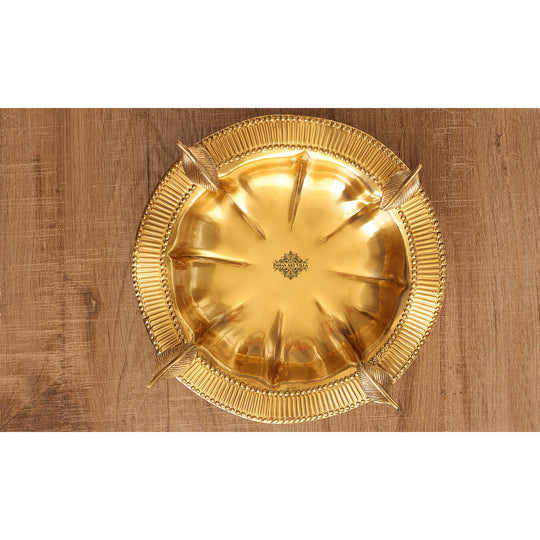 Indian Art Villa pure brass serving tray with fluted edge round profile and four decorative standing leaf elements