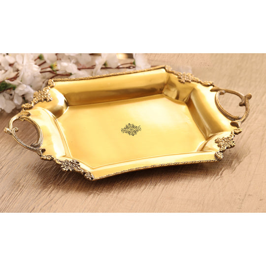 Classic brass platter with rectangular body curved edge design matte surface and traditional style handles
