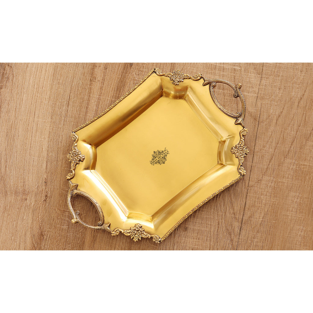 Indian Art Villa  Pure Brass matt finish tray/platter with art work and handles 10.3"x15.7"