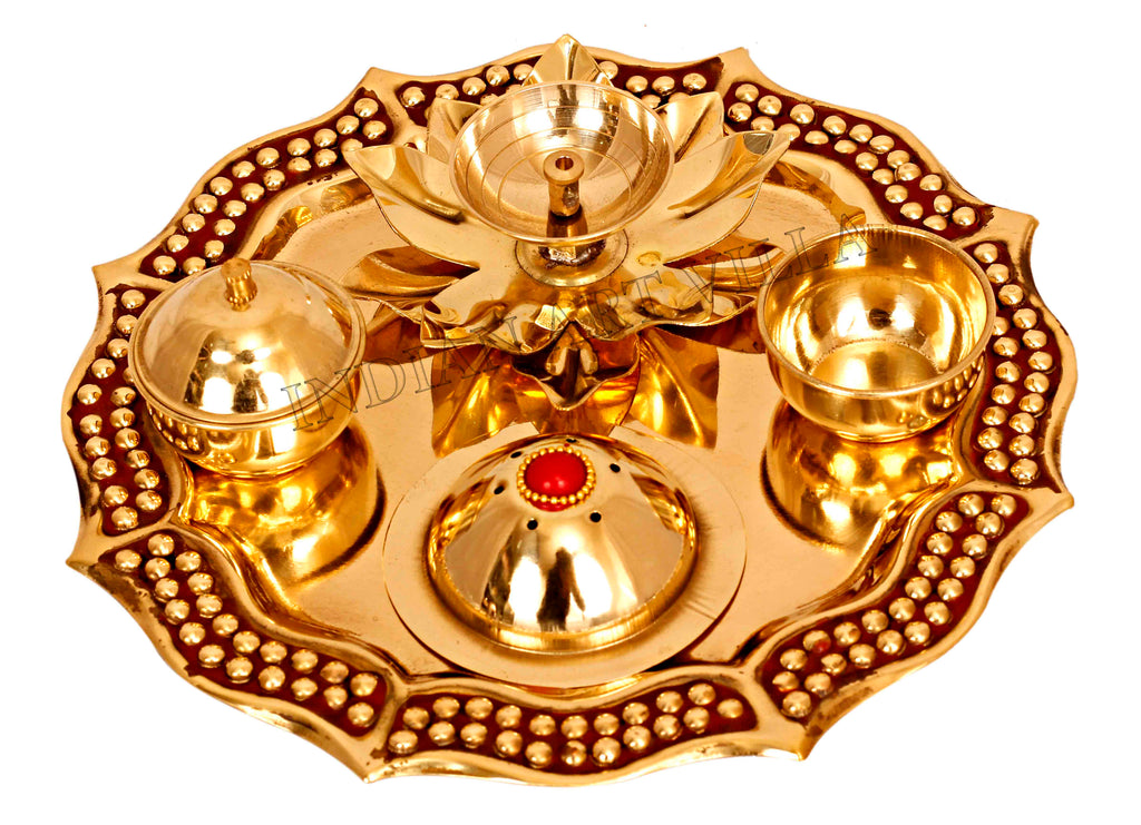 INDIAN ART VILLA Brass Handmade Designer Pooja, Aarti Thali Set Designer Borders, Spiritual Item, 8"