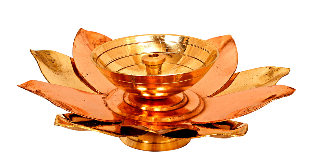 Indian Art Villa Brass & Copper Plated Lotus Design Diya Deepak, Arti Poojan Temple Home Décor
