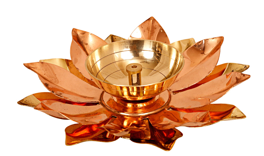 Indian Art Villa Brass & Copper Plated Lotus Design Diya Deepak, Arti Poojan Temple Home Décor