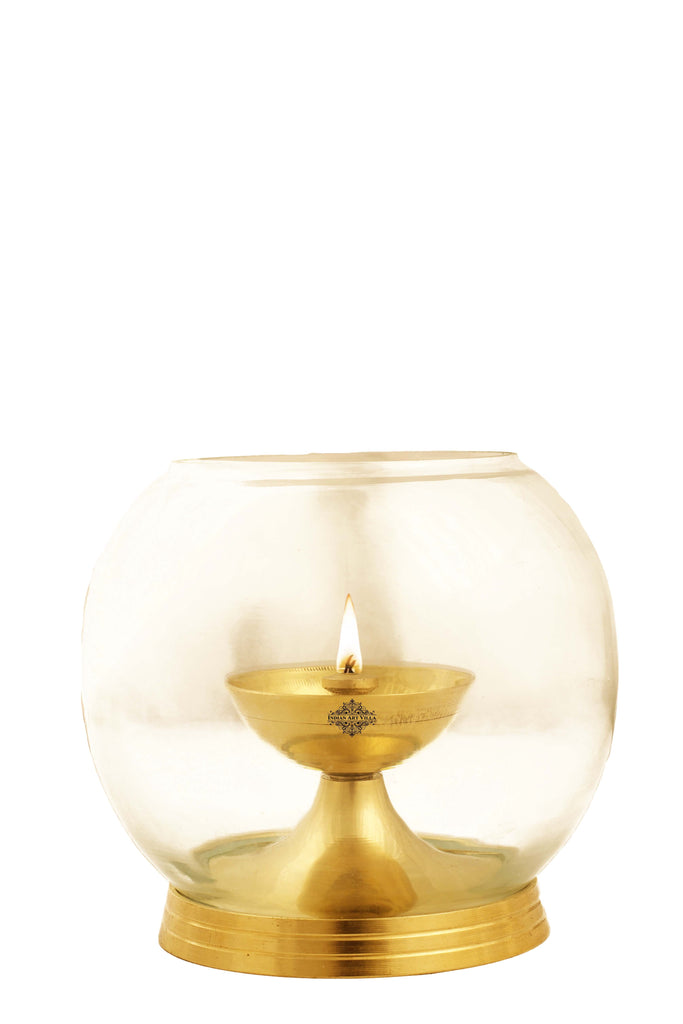 Brass & Glass Matka Style Akhand Deepak, Diya with a wooden handle, Spiritual Item, Home Decor