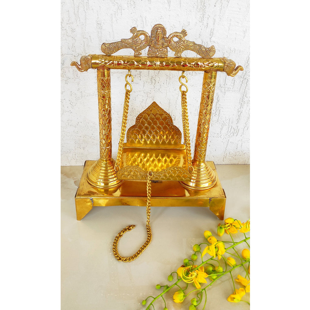 Indian Art Villa Ganesh Ji Design Brass Jhula Swing, for Ladu Gopal Ji Lord Ganesha, Temple Home, Height 16 Inch, Gold
