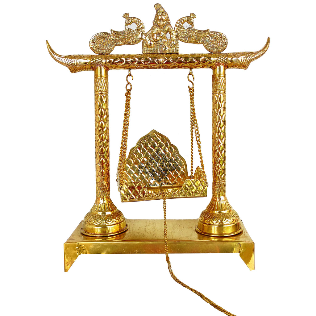 Indian Art Villa Krishna Ji Design Brass Jhula Swing, for Ladu Gopal Ji Lord Ganesha, Temple Home, Height 18.5" Inch, Gold
