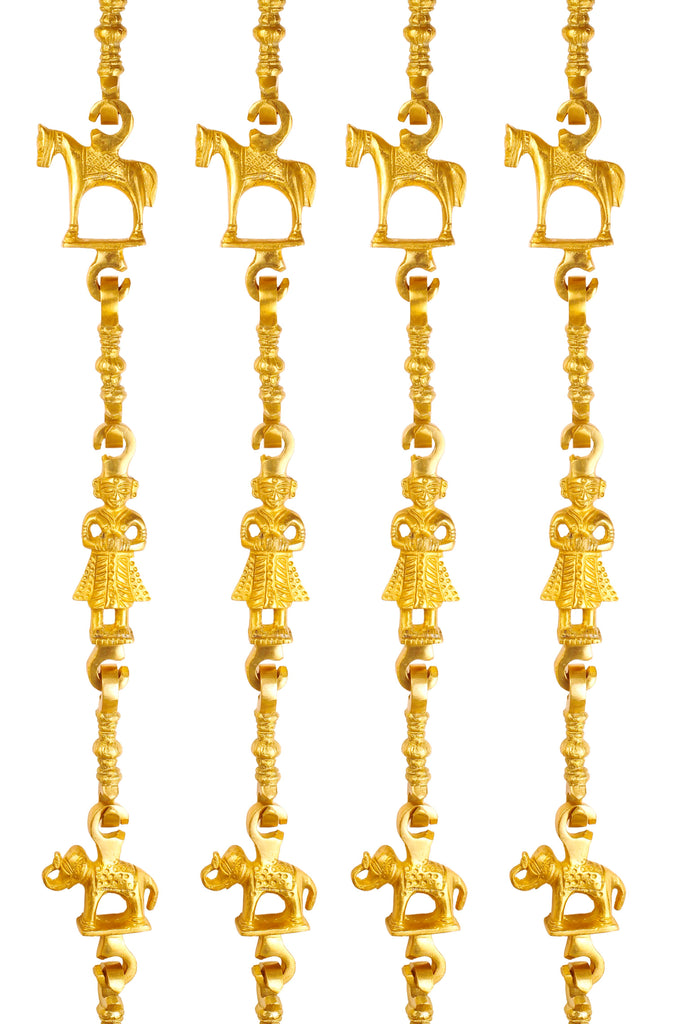Brass Swing Jhula Chain | Design - Horse-Men Guard-Elephant | Indoor Hanging Link | Approx 75.9" Inch Each | Gold | Set of 4