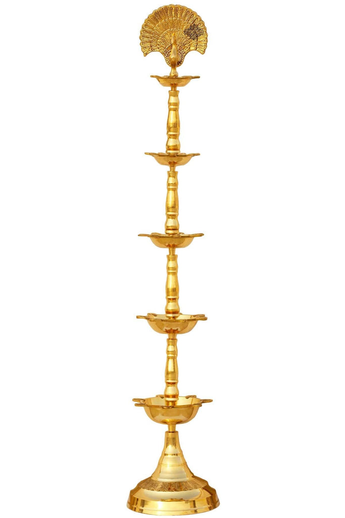 Indian Art Villa Brass Stand Pillar Panch Mahal Diya With Kerala, Fancy, Peacock, 5 Deepak Design, Total Height-48 Inches