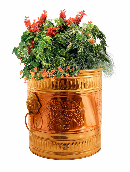 Brass Planter Embossed With Handle- 10"X9"