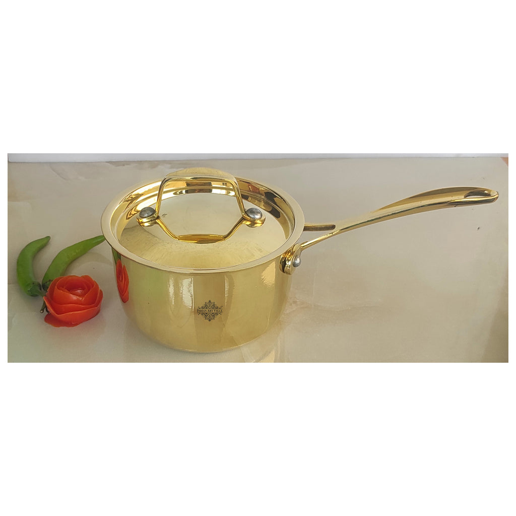 Indian Art Villa Pure Brass Sauce Pan with Brass Lid and Handle with Tin Lining Inside, Serveware, Cookware