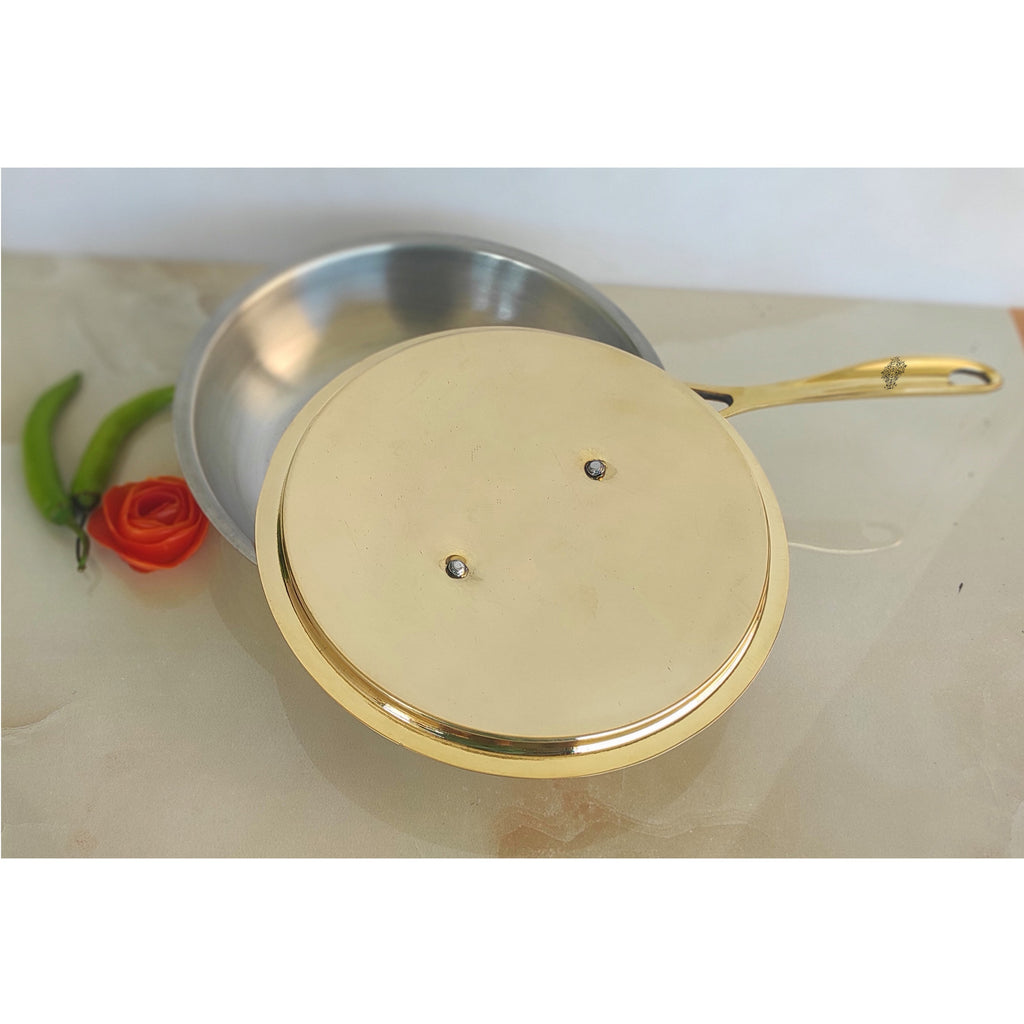 Pure Brass Saute Pan with Brass Lid and Handle with Tin Lining Inside, Serveware, Cookware