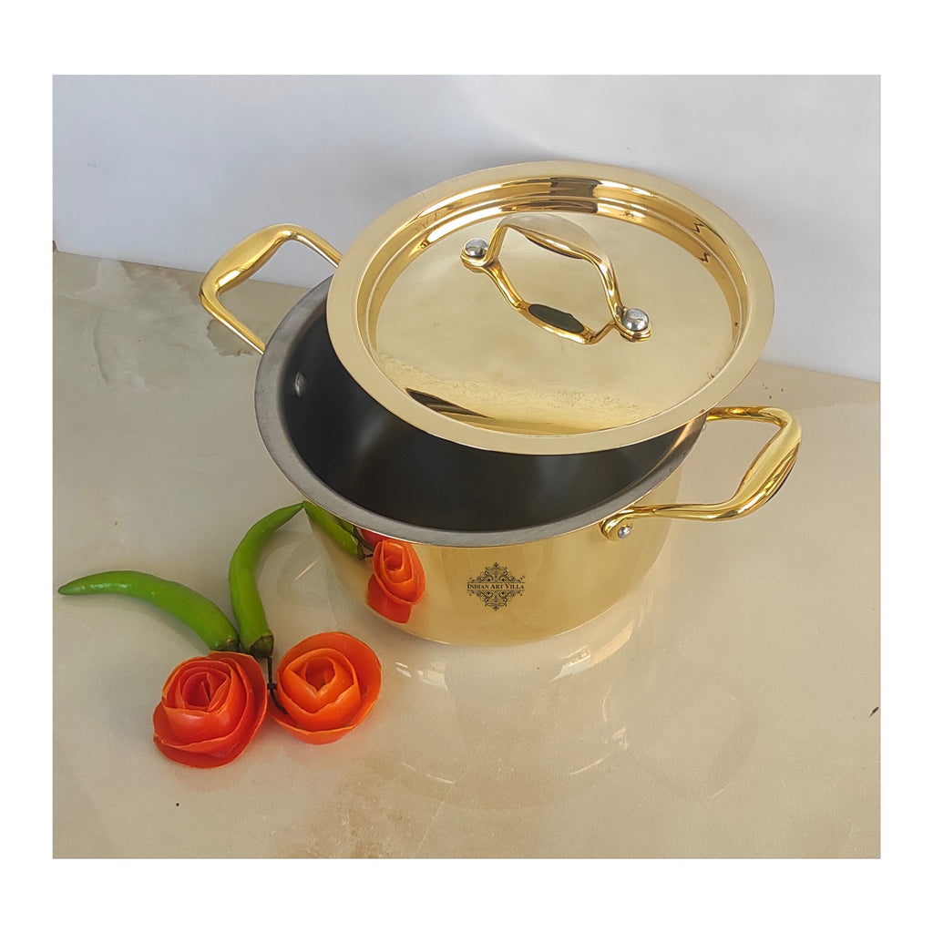 Indian Art Villa Pure Brass Sauce Pot with Brass Lid and Handles on both sides with Tin Lining Inside, Serveware, Cookware