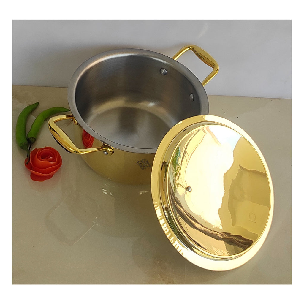 Indian Art Villa Pure Brass Sauce Pot with Brass Lid and Handles on both sides with Tin Lining Inside, Serveware, Cookware