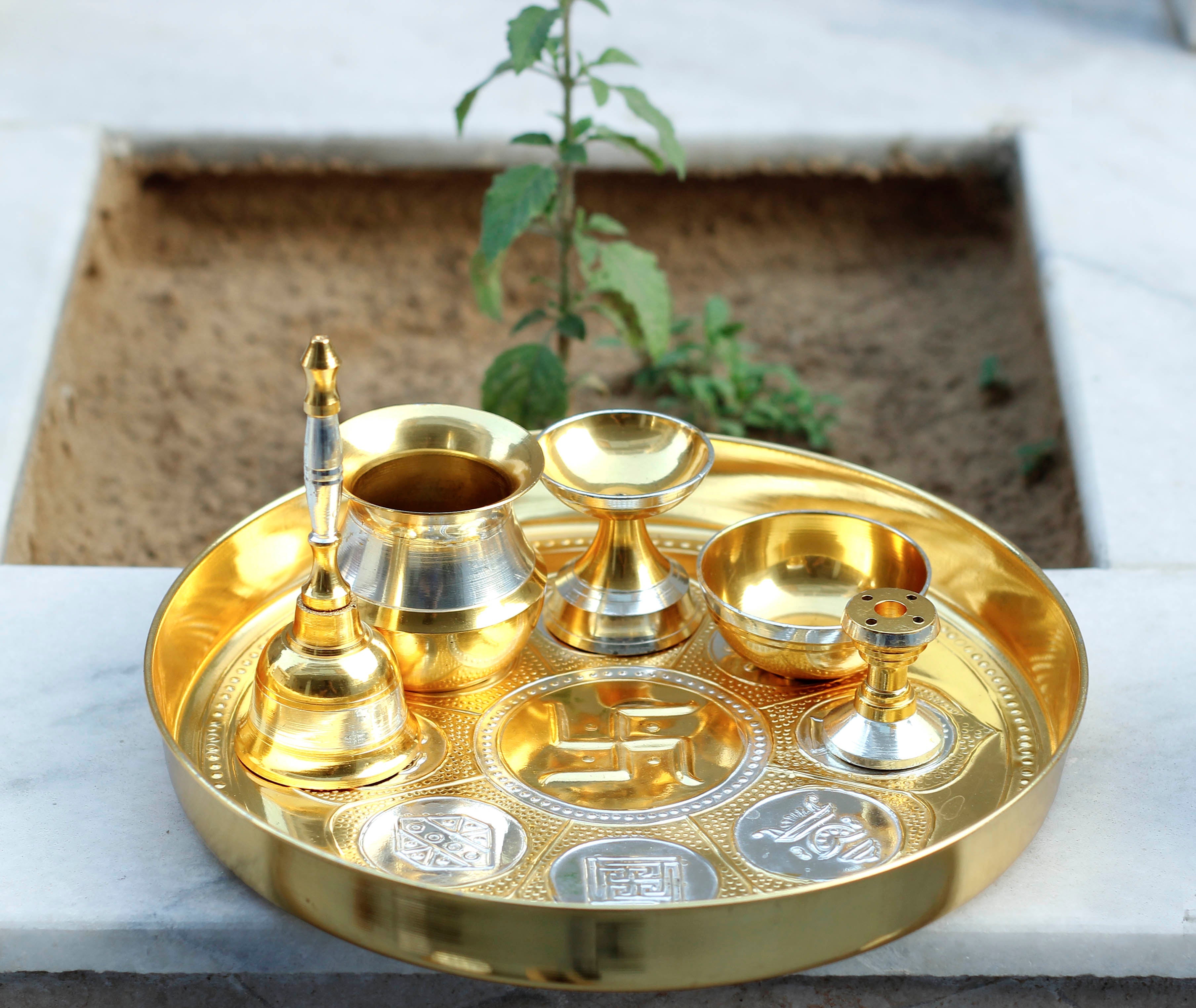 Indian Art Villa Pure Brass Astmanghal Puja Thali Set, Spiritual Item, 8.1