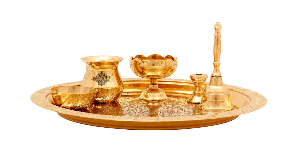 Brass Handmade Embossed Pooja Thali Set, Spiritual Item , 10.5"