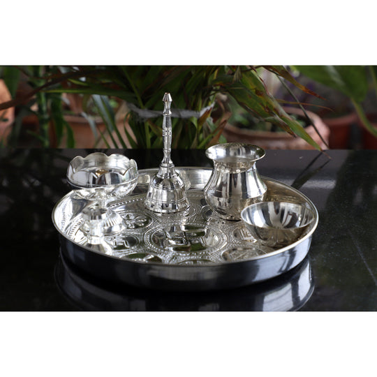 Traditional silver pooja thali set by Indian Art Villa, includes bell, kalash & bowls, Diameter - 20.32 cm, ideal for aarti.
