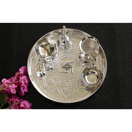 Traditional silver pooja thali set by Indian Art Villa, includes bell, kalash & bowls, Diameter - 20.32 cm, ideal for aarti.