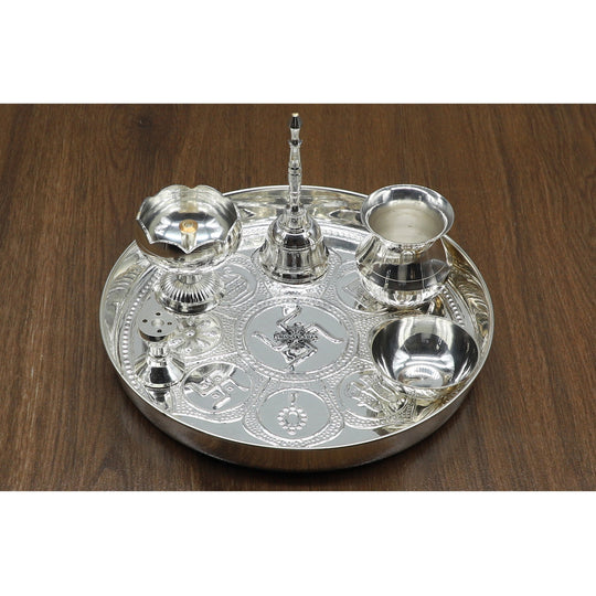 Traditional silver pooja thali set by Indian Art Villa, includes bell, kalash & bowls, Diameter - 20.32 cm, ideal for aarti.
