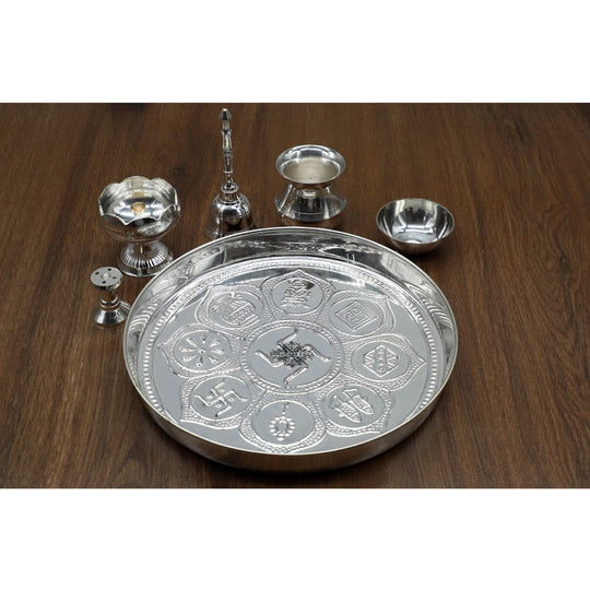 Traditional silver pooja thali set by Indian Art Villa, includes bell, kalash & bowls, Diameter - 20.32 cm, ideal for aarti.